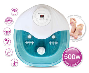 Luxury foot bath spa and massager with icons listing features: red light LEDs, targeted reflexology massage, vibration massage, hydrotherapy jets, aromatherapy diffuser, 500w water heater
