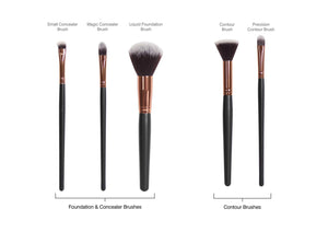 3 foundation and concealer brushes and 2 contour brushes individually labelled with names of the brush 