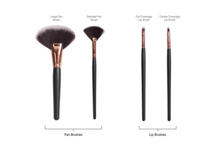 2 fan brushes and 2 lip brushes labelled with names 