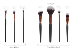 3 blending brushes and 4 powder and blusher brushes labelled with individual brush name 