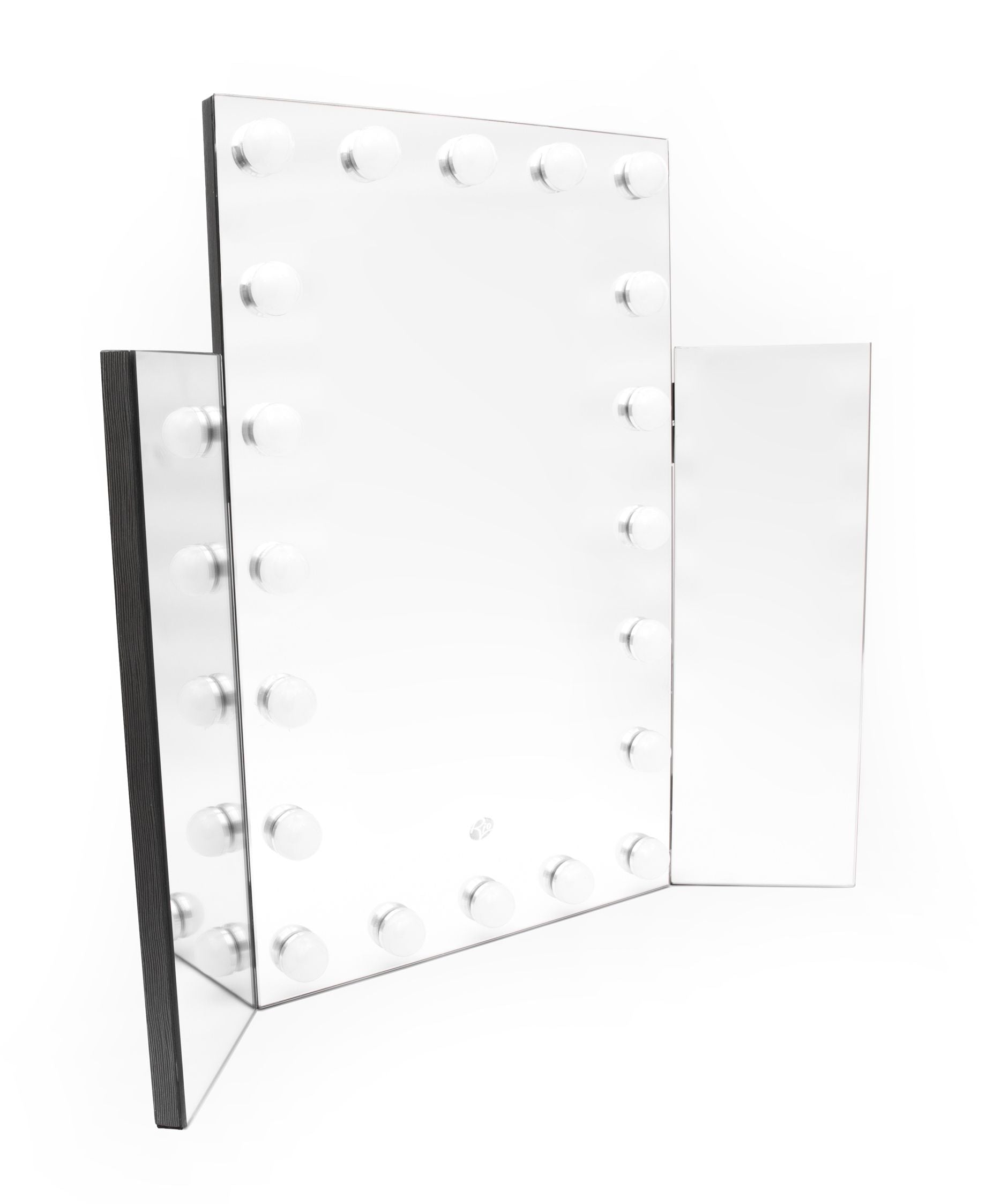 side angle view of Premier Hollywood mirror with 20 LED lights and folding side mirrors