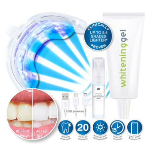 rio smile white advanced blue light teeth whitening kit with hotspot image of before and after smile and illustrated list of features: brilliantly whiter teeth, gel for 20 treatments, advanced blue light technology, takes just 15 minutes and quick, simple & easy to use 
