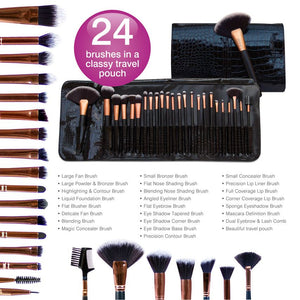 24 piece professional cosmetic brush set with list of all the individual brush names and laid out in classy travel pouch