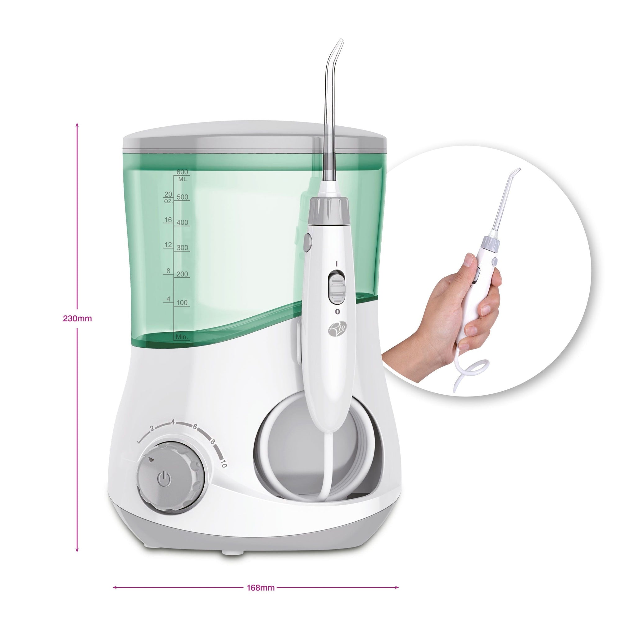 professional water jet flosser and oral irrigator with arrows labelling height 230mm and width 168mm