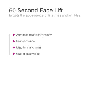 bulleted text listing features of the rio 60 second face lift advanced faradic technology retinol infusion lifts firms and tones quilted beauty case 