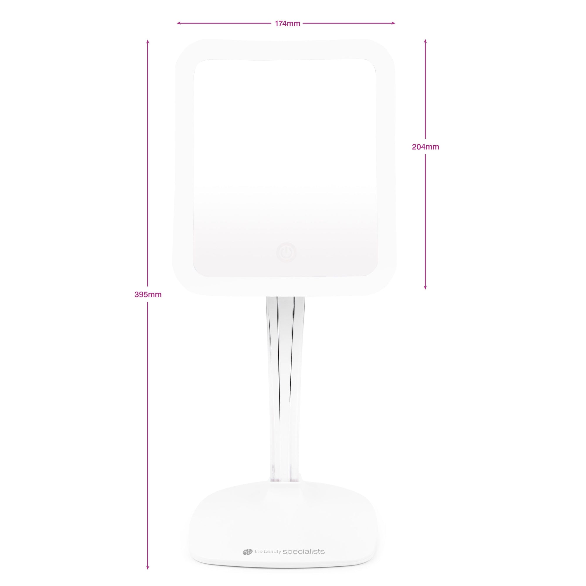 elegance 7x magnification make up mirror with arrows labelling height 395mm width 174mm and mirror height 204mm