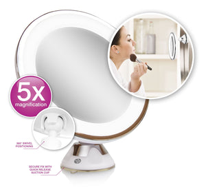 Multi use LED illuminated make up mirror with suction cup base and hotspot images of 5x magnification 360 degree swivel design and quick release suction cup base with image of lady using the mirror in bathroom to apply make up