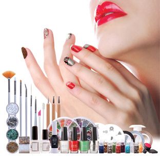 contents of ultimate nail art professional nail artist collection with image of ladies hands manicured with nail art designs on each nail