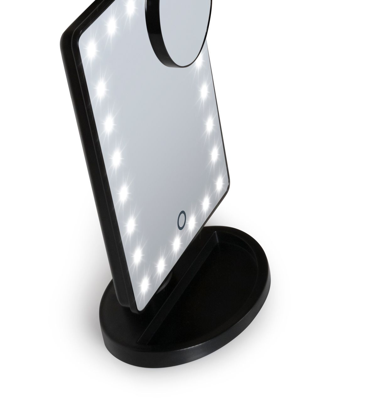 angled view of 24 LED touch dimmable make up mirror with LED light illuminated and compact 10x magnification mirror attached