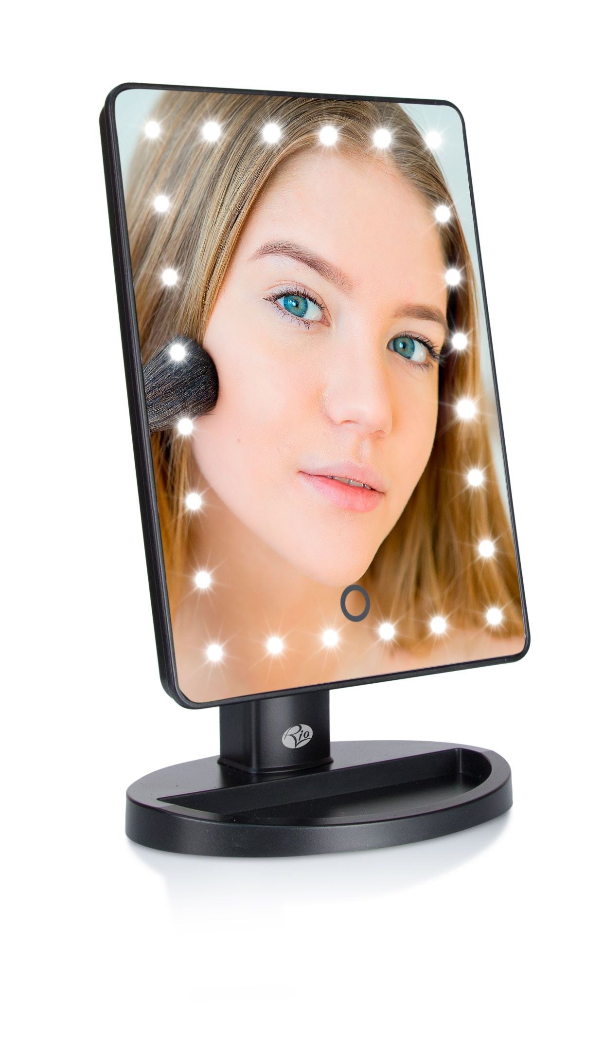 24 LED touch dimmable make up mirror with LED light illuminated and showing reflection of girls face applying make up 