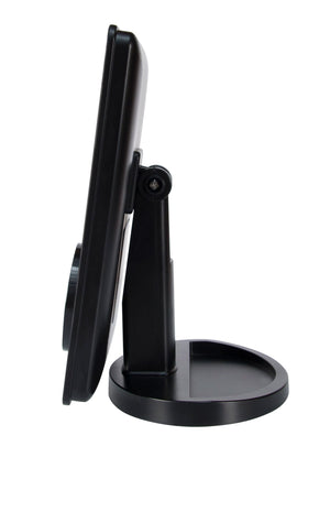 side view of 24 LED touch dimmable make up mirror tilted backwards at 180 degree swivel