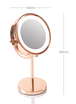 rose gold double sided cosmetic led mirror with arrows labelling width 150mm and height 300mm