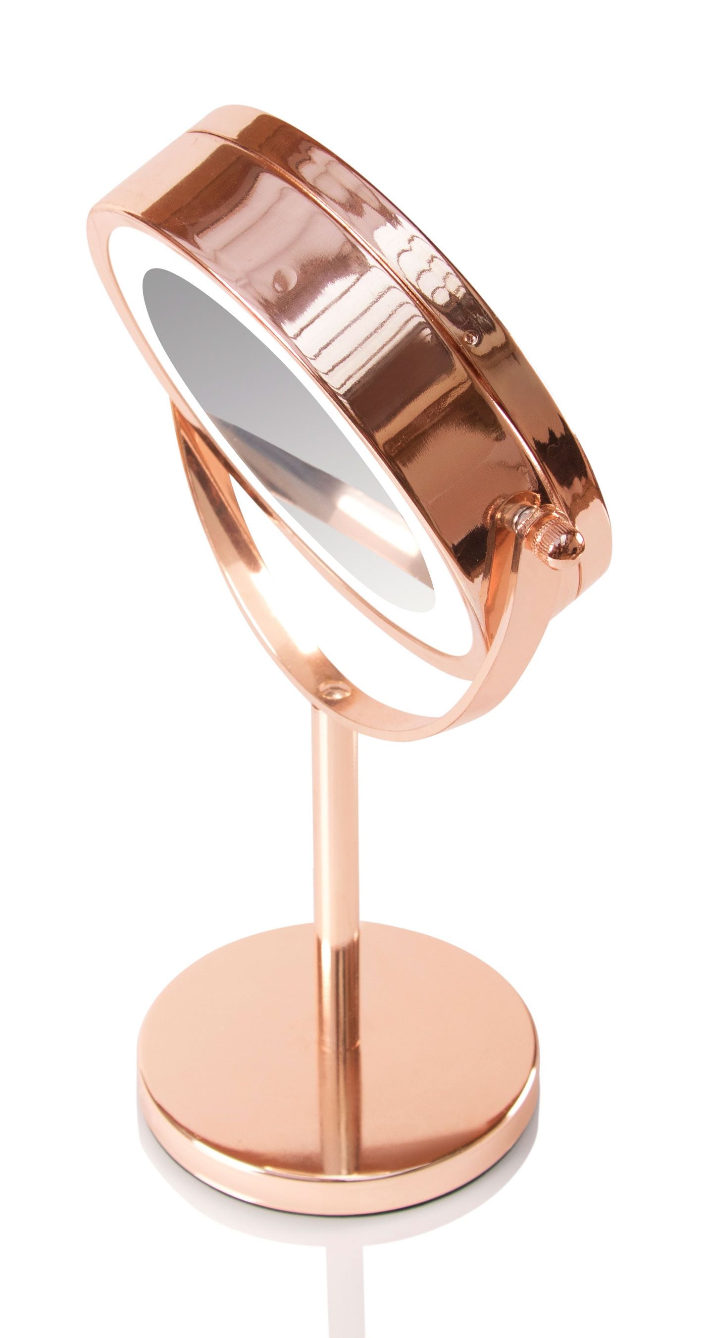 angled view rose gold double sided cosmetic Led mirror 