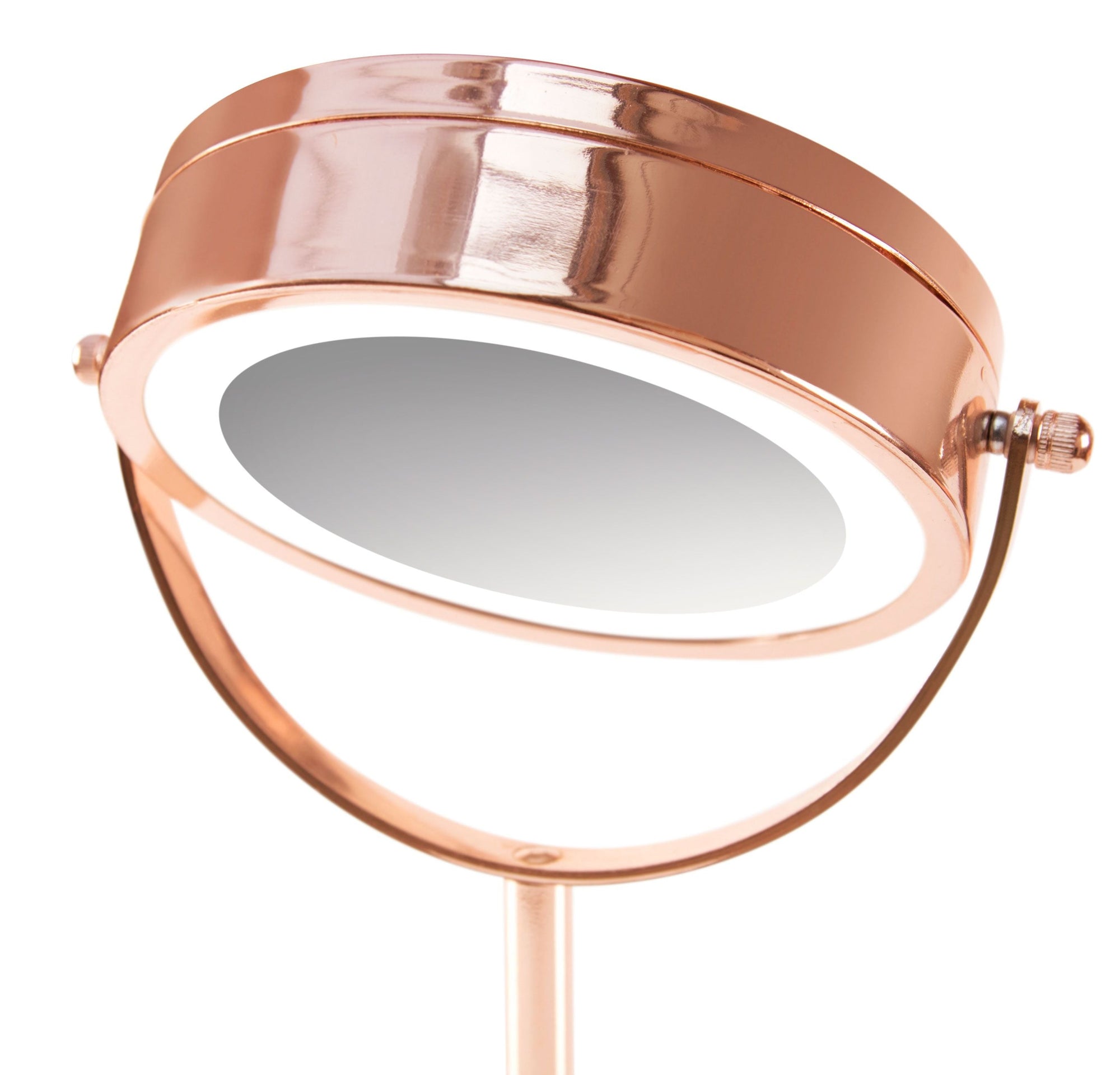 close up of swivel design on rose gold double sided cosmetic led mirror