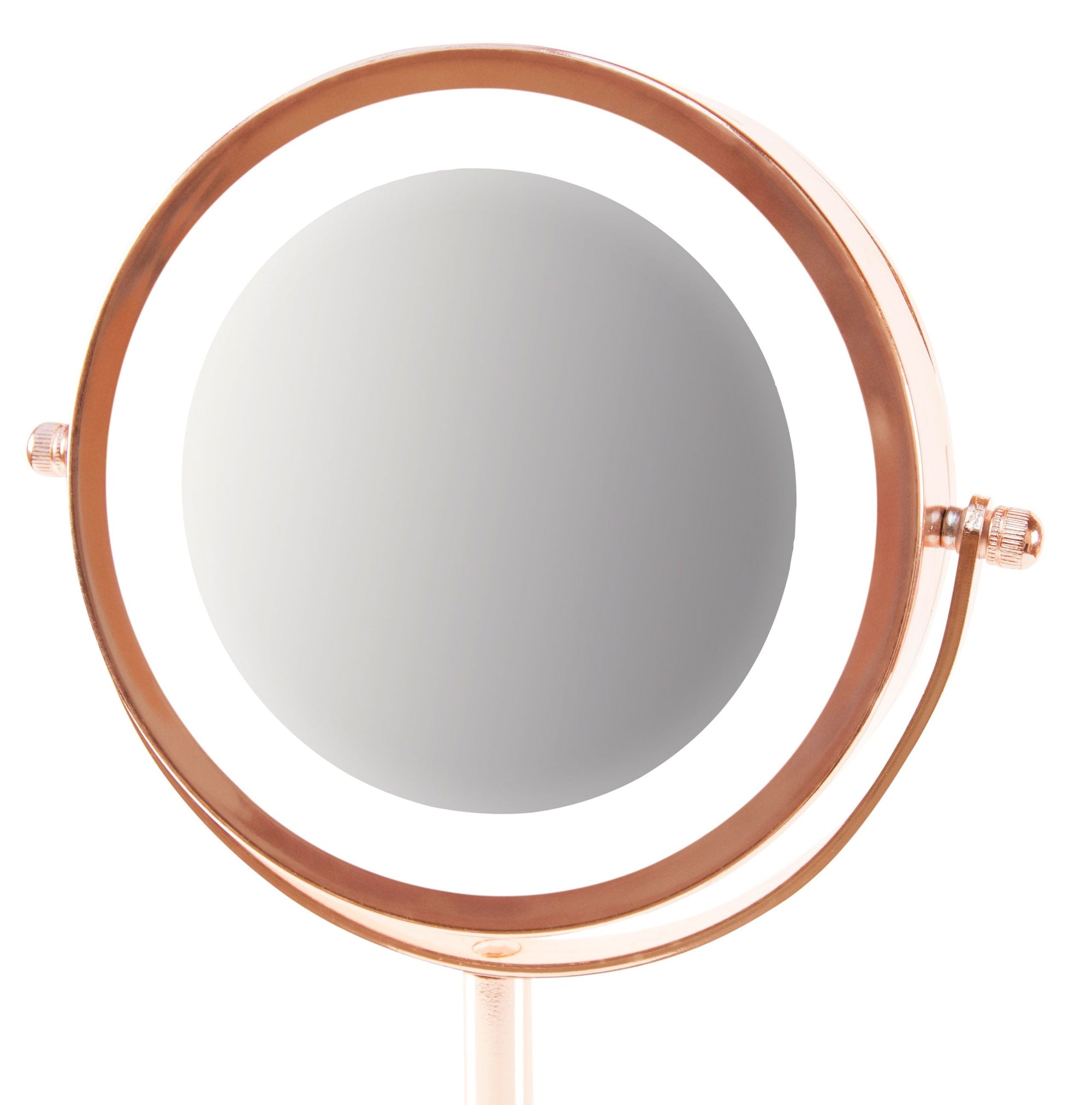 close up of LED ring light on rose gold double sided cosmetic mirror