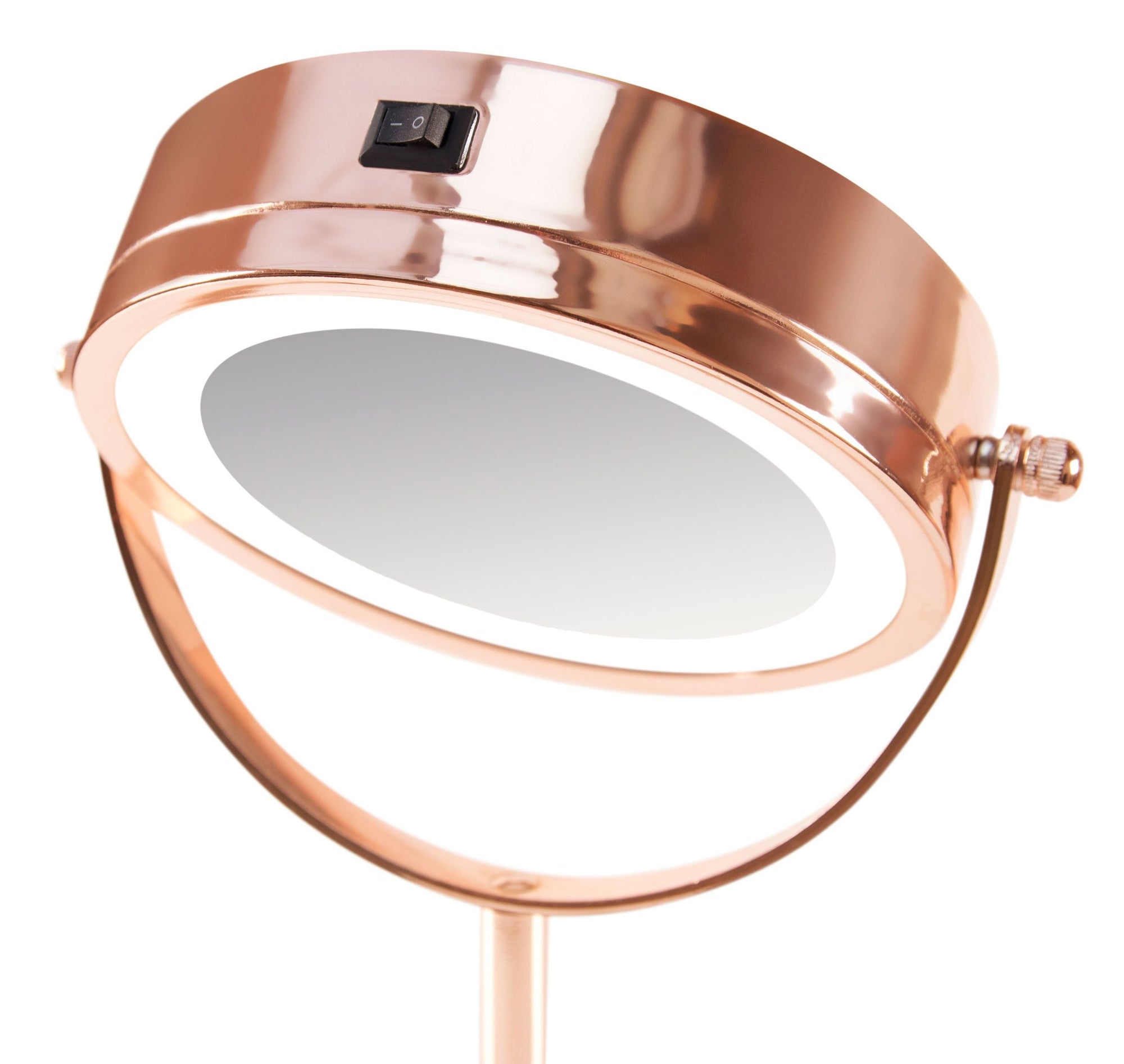 close up of on off switch on rose gold double sided cosmetic led mirror