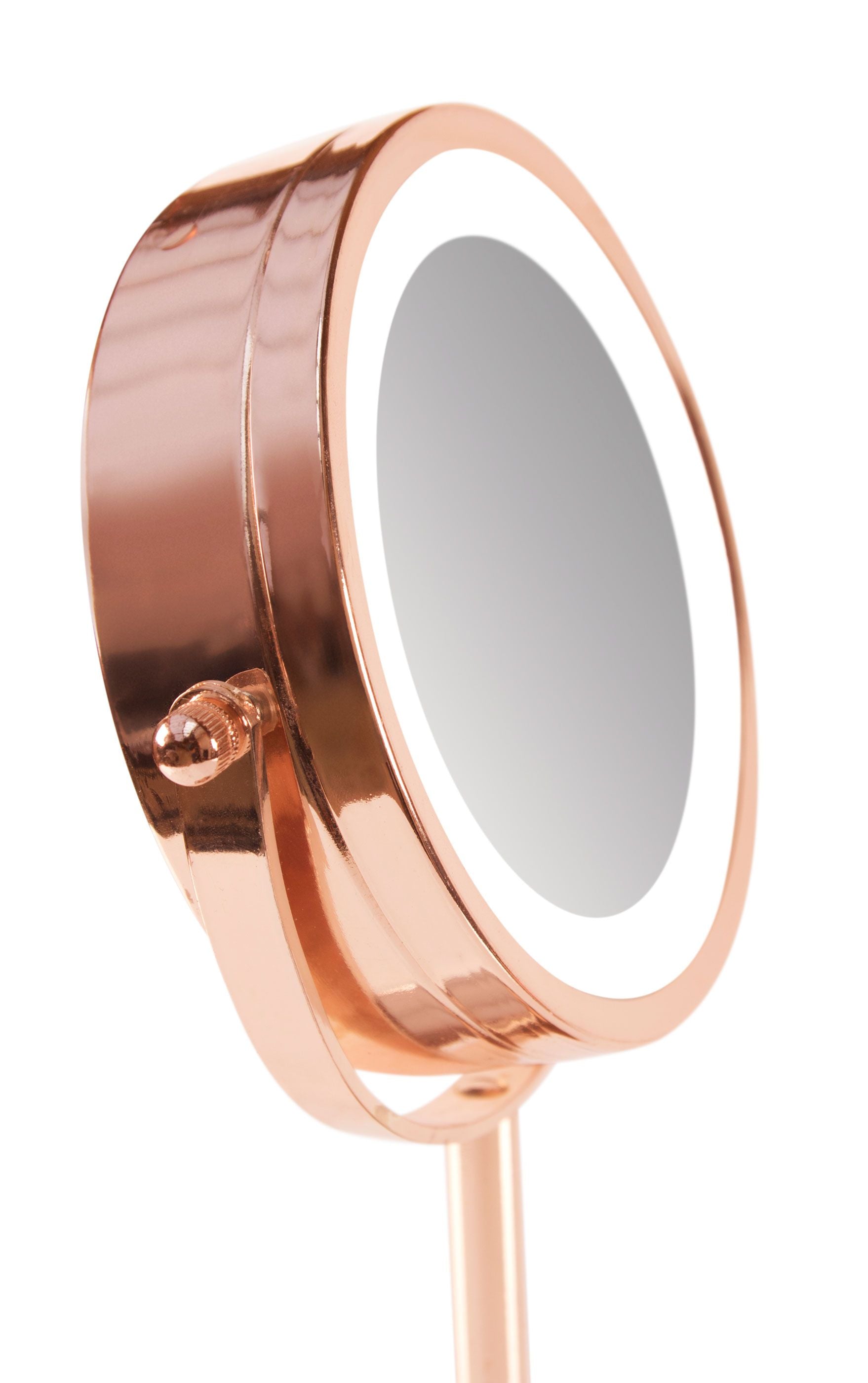 side view close up of rose gold double sided cosmetic led mirror 