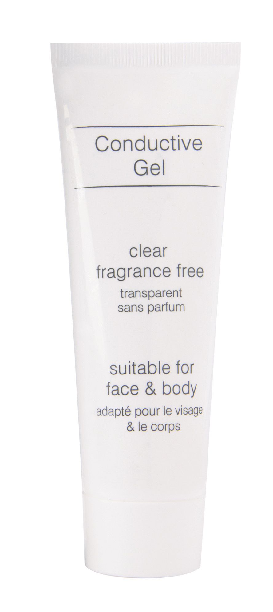 white 85ml tube of clear fragrance free conductive gel suitable for face and body