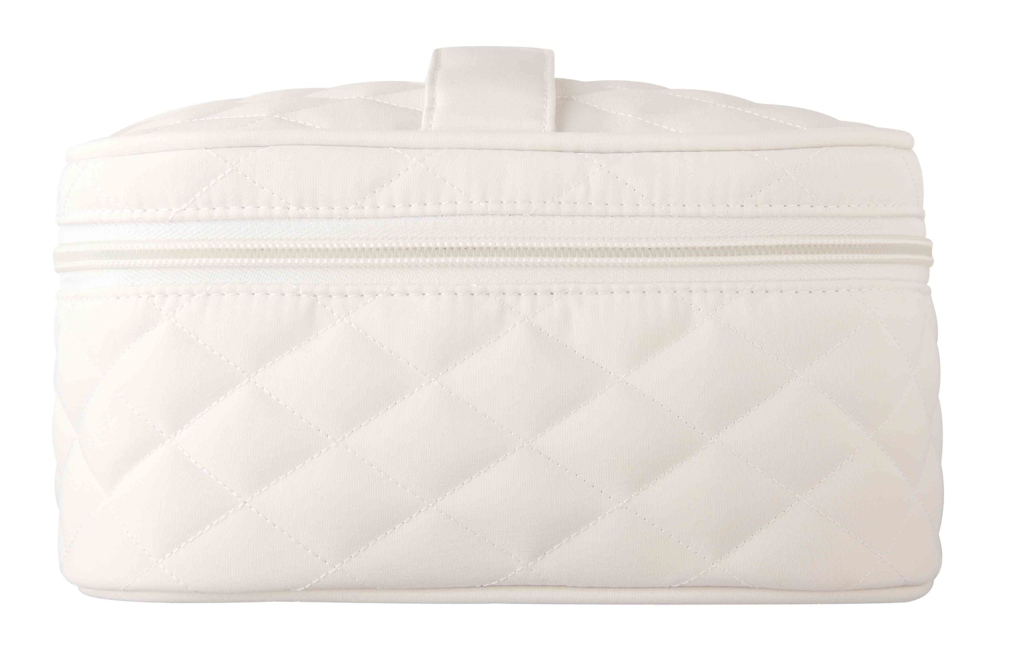 white quilted cosmetic bag with zip and carry handle 