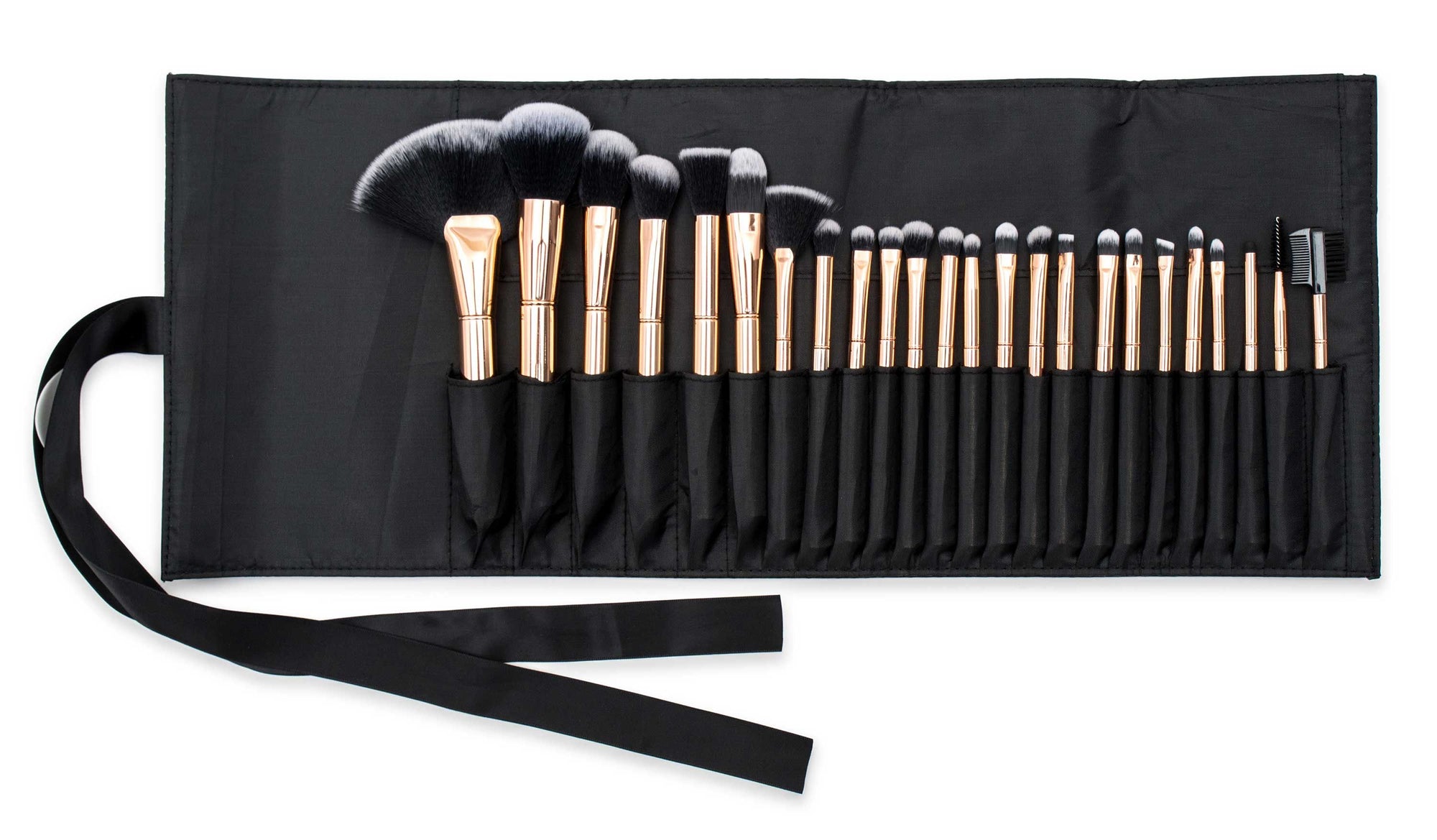 lush rose gold 24 piece make up brush collection laid out in classy travel pouch
