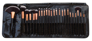 24 piece professional cosmetic brush set laid out in luxury synthetic leather protective roll up travel pouch 