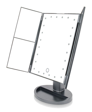 angled view of 24 LED touch dimmable 3 way make up mirror with 2x and 3x magnification
