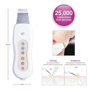 ultrasonic facial with arrows labelling height 205mm and width 85mm with small inset images of 25,000 vibrations per second and cleansing and sonophoresis settings
